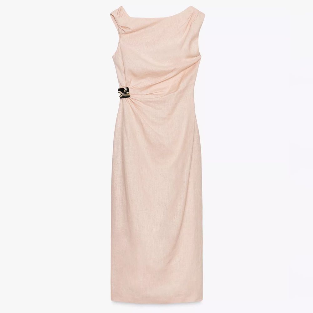 ZARA ASYMMETRIC LINEN-BLEND MIDI DRESS WITH APPLIQUÉ - Picture 9 of 10